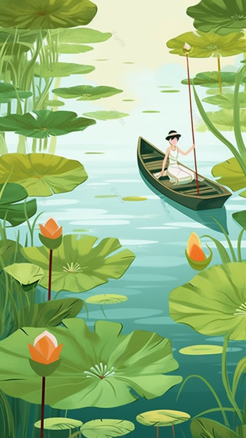 小暑绿色的夏天划船在荷叶荷花盛开的池塘里玩耍,插画/手绘图,插画/手绘图库,插画/手绘图下载,插画/手绘
